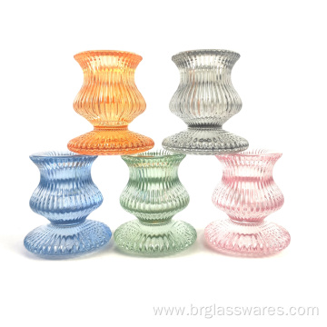 Hand pressed small glass taper candle holder with ribbed